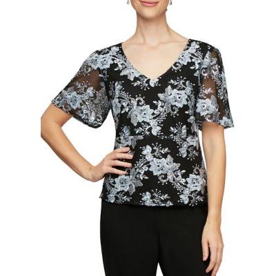 Women's Alex Evenings Blooming Embroidered Special Occasion Top, Black/Hydrangea S - Bellso